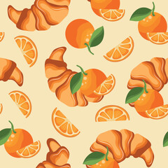 seamless pattern with a set of bakery and fruit icons, namely a croissant with an orange next to it on a yellow background, for menus and various food designs