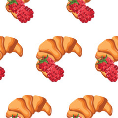 pattern with fluffy croissants with ripe raspberry berries next to it, for menus and various food designs
