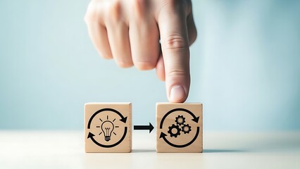 Hand pointing at process block next to idea block with arrow