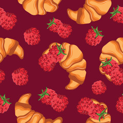 seamless pattern with fluffy croissants with ripe raspberry berries next to it on a red background, for menus and various food designs