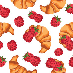 seamless pattern with fluffy croissants with ripe raspberry berries next to it, for menus and various food designs