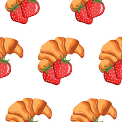pattern with French croissants and strawberries, for menus and various food designs