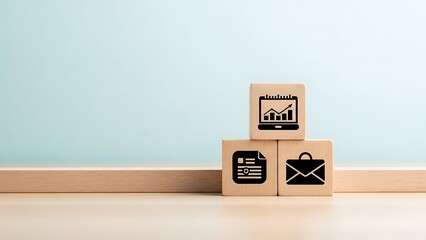Workplace wooden blocks featuring essential business icons