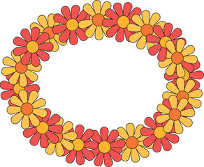 Oval Frame Made of Repeating Red and Yellow Daisy-like Flowers on White Background floral