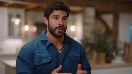 Gas technician explaining emergency safety procedures and carbon monoxide prevention tips to a homeowner in a warm, well-lit kitchen — human-centered storytelling that communicates trust,