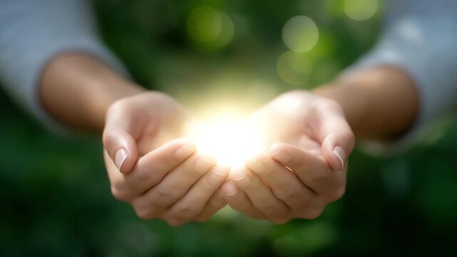 Hands gently cupping a glowing light against a blurred green background, symbolizing remembrance, emotional healing, and the eternal connection between memory and nature. cinematic color