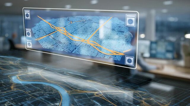 Holographic 3D visualization of sewer network flow displayed in a high-tech office environment &mdash; representing digital twin technology, infrastructure simulation, predictive maintenance planning,
