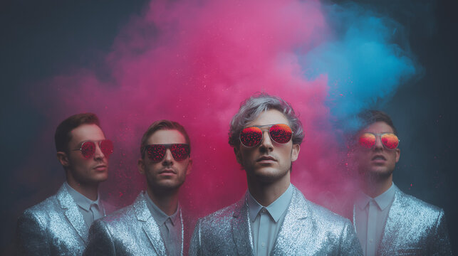 Four Men in Silver Suits and Red Sunglasses Amidst Colorful Smoke