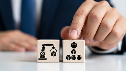 Automation and supply chain concept with wooden cubes and icons