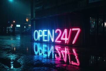 A neon "Open 24/7" sign reflects on a wet street at night