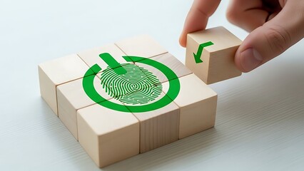 Biometric security and data privacy with fingerprint on wooden cubes