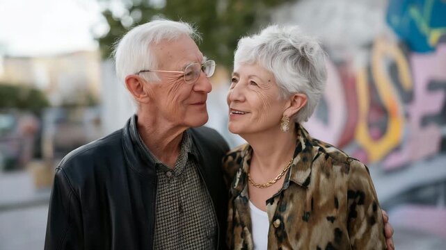 Seniors sharing a passionate kiss in front of a street art mural, colors reflecting on their faces &mdash; concept of urban love, expressive connection, creative backgrounds, and romantic senior