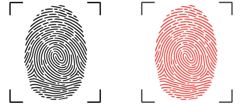 Two fingerprint icons one black and one red within framing squares on a white background thumbprint identity