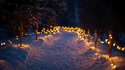 Snowy path with glowing string lights