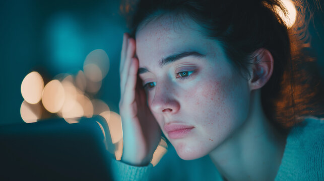 Woman experiencing burnout headache while staring at a screen in a dim room