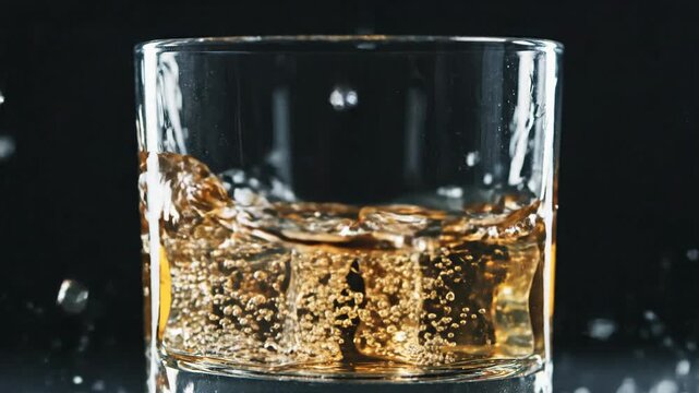 Captivating dynamic splash of a golden amber beverage with ice cubes in a pristine glass, evoking coolness and a refreshing taste experience