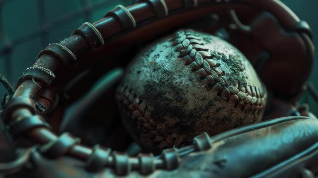 Video A detailed look at a baseball glove holding a ball, useful for sports or equipment-related designs