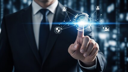 Businessman interacting with a futuristic digital interface, touching a glowing octagonal screen.