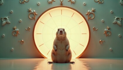 Groundhog with calm contemplative mood sitting still on a glowing clock background