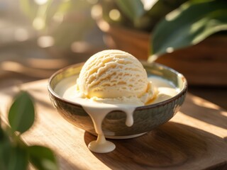 Single scoop of melting vanilla ice cream in a small ceramic bowl on a wooden table