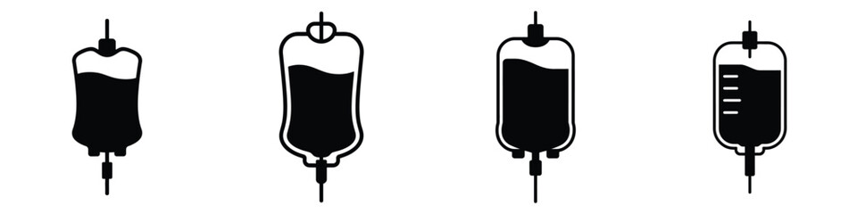 IV Drip Bag Vector Icons Set – Medical Infusion and Blood Transfusion Equipment Silhouette Illustrations for Hospital, Healthcare, and Emergency Treatment Design