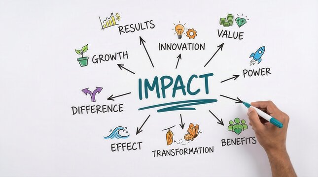 Impact strategy mind map sketch with keywords, business planning framework illustration