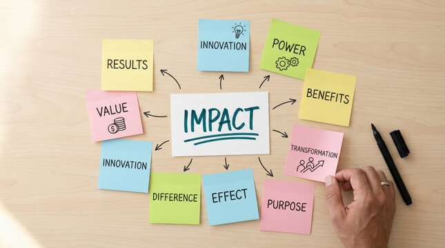 Impact strategy brainstorming sticky notes, business workshop planning mind map
