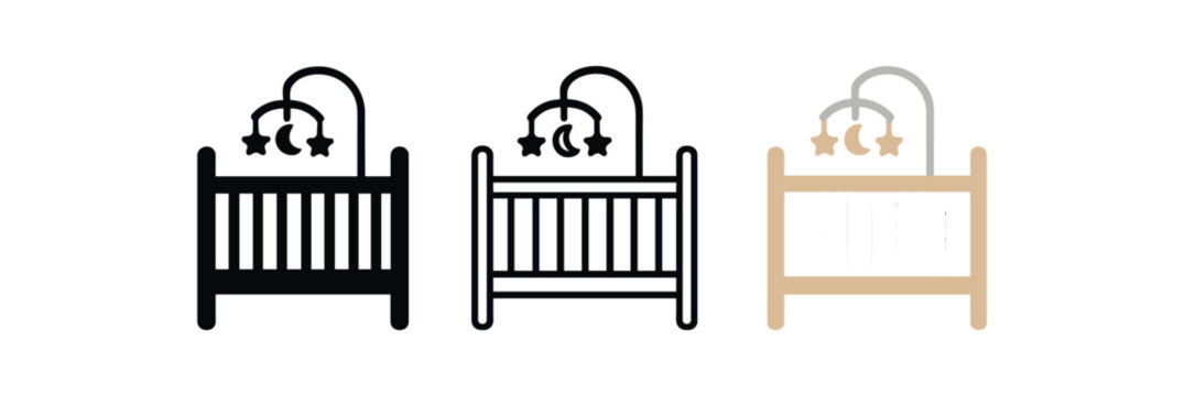 newborn crib icons three simple crib with mobile icons one flat solid monochrome one thin black outline black and white one full color flat icon light wood and white