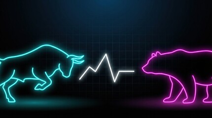 Neon bull bear confrontation with heartbeat line, stock market sentiment concept