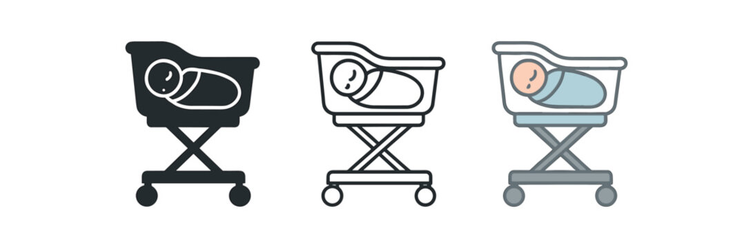 hospital bassinet icons three newborn clear bassinet side view icons one flat solid monochrome one thin black outline black and white one full color flat icon soft gray and pastel blanket