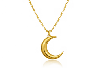 Golden crescent moon necklace hanging, reflecting light, elegant gold chain with mystical lunar pendant, transparent background