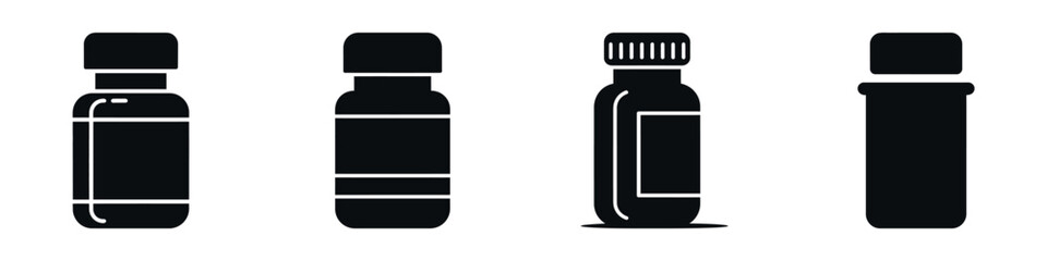 Medicine Bottle Vector Icons Set – Medical Pill Container Silhouette Illustrations for Pharmacy, Healthcare, Hospital, Drug Packaging, and Treatment Design