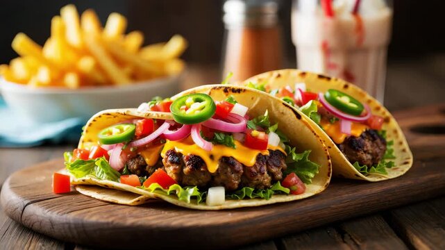 Grilled beef smash burger tacos with crispy edges and cheese pull, street food delight, vibrant taco night, spicy jalape&ntilde;os, hot griddle indulgence, juicy bite with chili and pickles