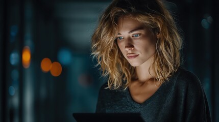 Female DevOps engineer reviews automation scripts on tablet to improve processes in a data center during evening hours