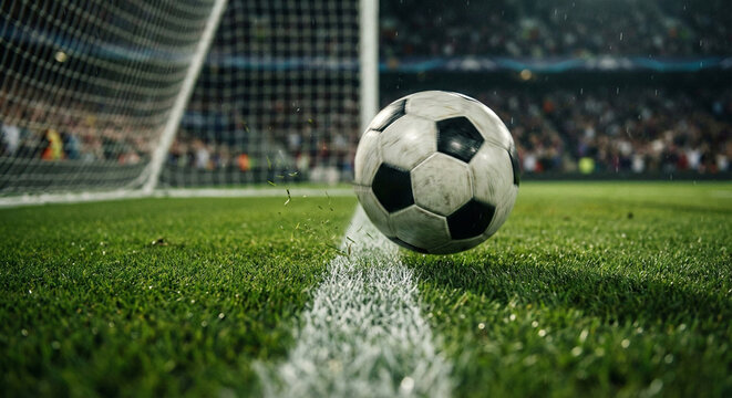 Soccer Ball Crossing the Goal Line into the Net. A decisive moment of scoring a goal in a football stadium.