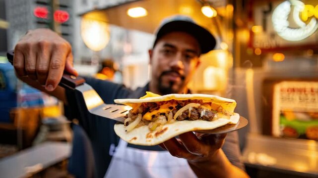 Street vendor holding freshly made taco with grilled meat and cheese, vibrant food truck atmosphere, urban culinary experience, diverse flavors and ingredients, popular street food scene
