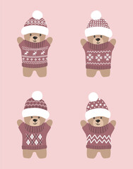 Cute Teddy Bears Set. Christmas Bear Toys. Funny Baby Bears in Dark Pink Hats, Sweaters. Cute Soft Toys Collection. Vector illustration in Pink, White, Brown