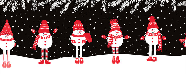 Cute Snowmen Have Fun in Winter Holidays. Seamless Border. Christmas Background. Different Snowmen in Red Winter Hats, Scarves under Fir Tree Branches. Greeting Card Template. Vector on Black