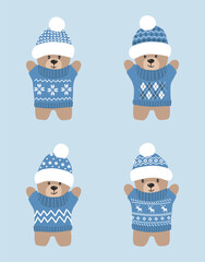 Cute Teddy Bears Set. Christmas Bear Toys. Funny Baby Bears in Blue Hats, Sweaters. Cute Soft Toys Collection. Vector illustration in Blue, White, Brown on Light Blue