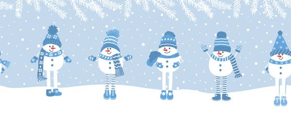 Happy Snowmen Have Fun in Winter Holidays. Seamless Border. Christmas Background. Different Snowmen in Blue Winter Hats, Scarves under Fir Tree Branches. Greeting Card Template. Vector on Light Blue
