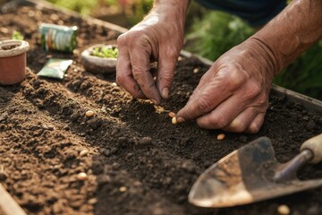 Weathered hands planting seeds in soil, wrinkled gardening