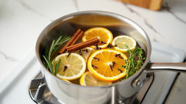 Citrus spice stovetop simmer pot with orange lemon slices, cinnamon sticks, cloves, rosemary sprigs, thyme sprigs, winter aroma for home warmth, slow living kitchen ritual, holiday scent,