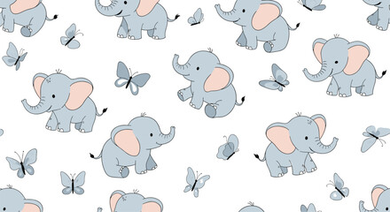 Naklejka premium A seamless pattern featuring cartoon elephants and butterflies.