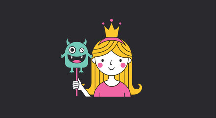 Obraz premium A princess holding a monster puppet on a dark background.