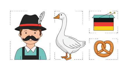 A german themed illustration including a man, goose, pretzel and drum.