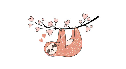 A sloth hanging from a branch with heart-shaped leaves.