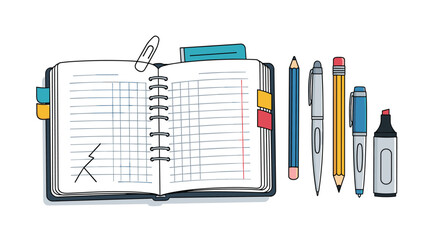 A notebook with pens, pencils, and other office and school supplies.
