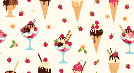 A repeating pattern of ice cream cones and sundaes with raspberries.
