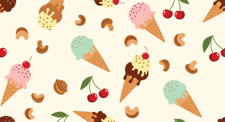 A repeating pattern with ice cream cones, cherries, and nuts.