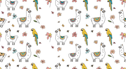 A repeating pattern of llamas, parrots, and flowers.